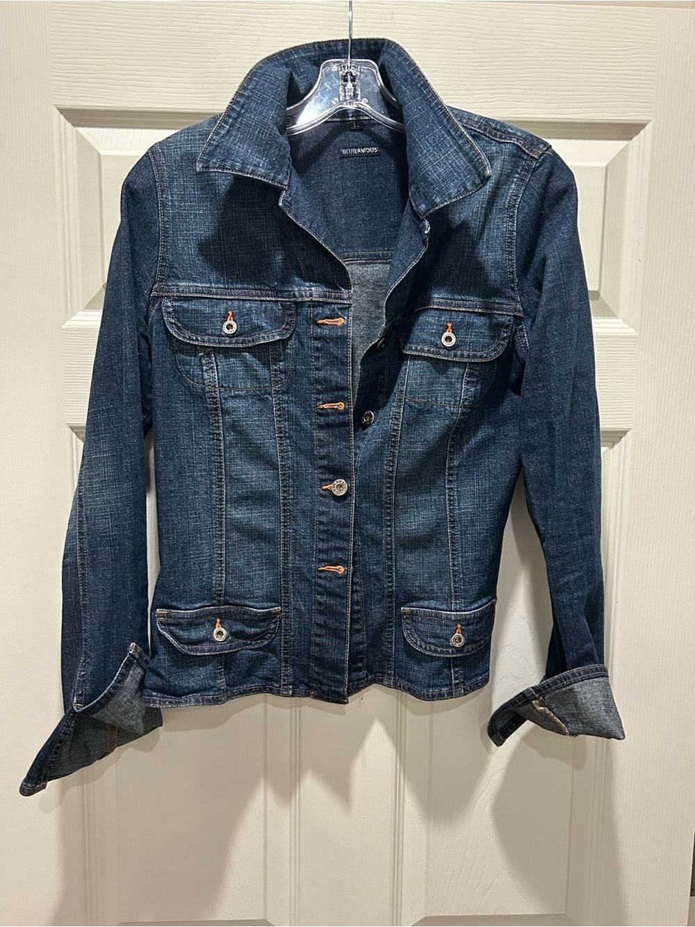 Women's Dark Indigo Denim Jacket with Button Front - Casual Tailored Style